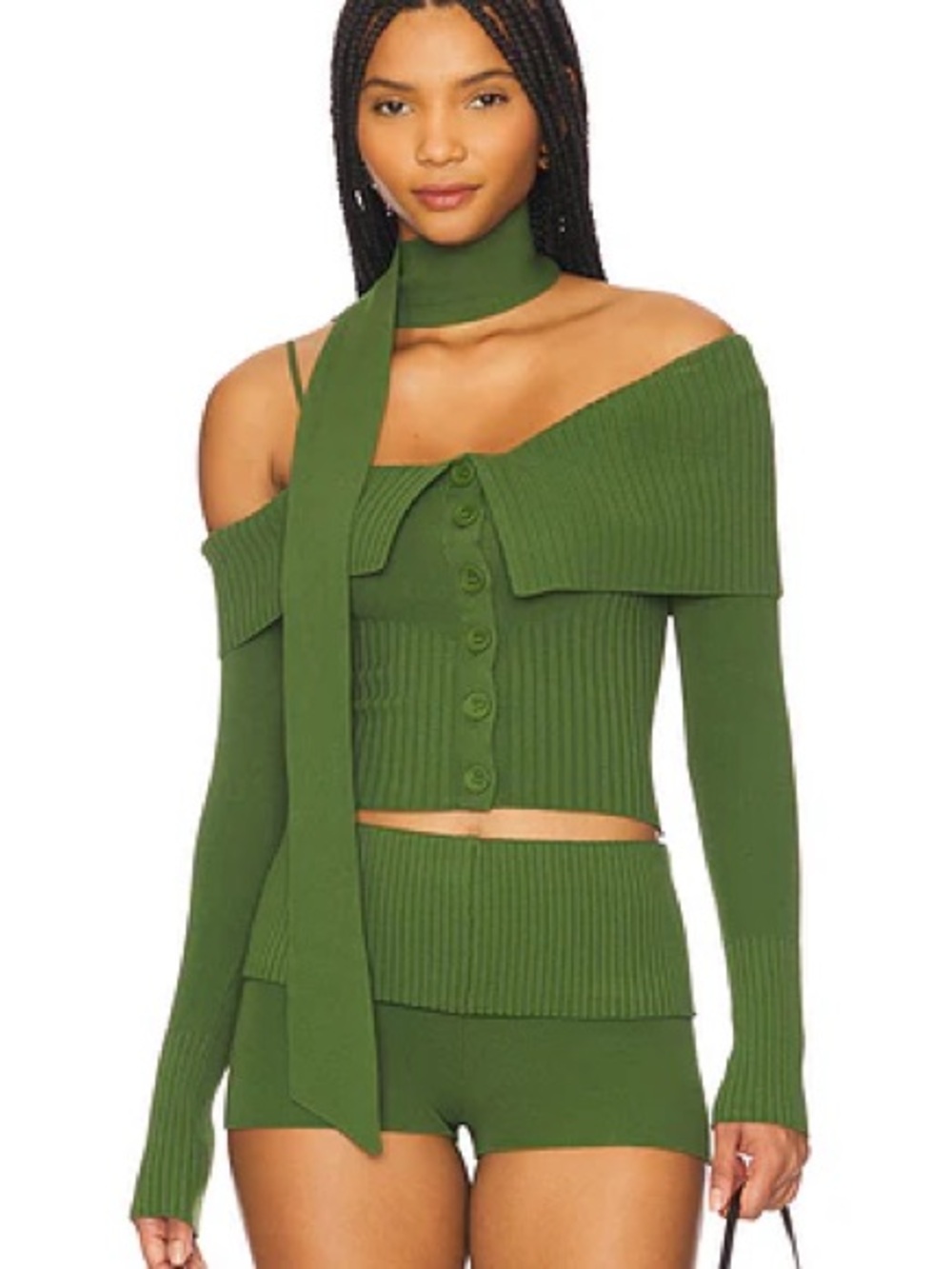 House of Sunny Green Cardigan Sweater Set with Scarf